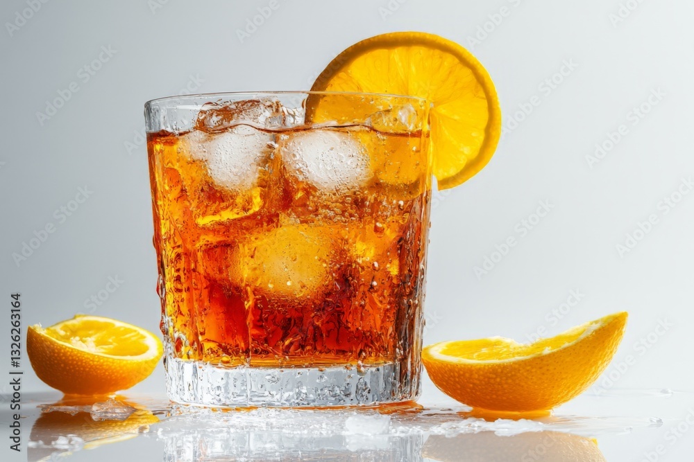 Poster Refreshing iced drink with citrus slices on a bright, minimalistic background