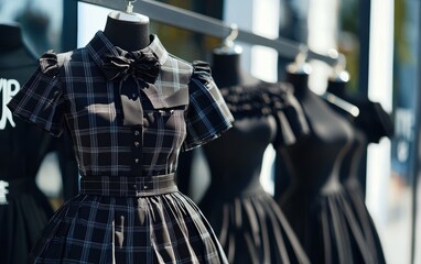 Fototapeta premium High-fashion influencer wearing bold couture, captured in a cinematic street display with elegant mannequins