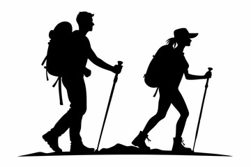 Naklejka premium trekking men and women line art silhouette vector illustration