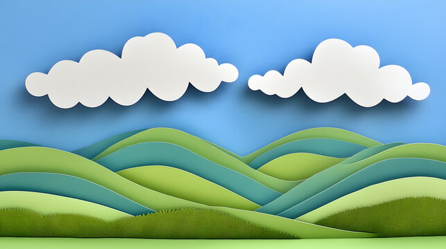 A serene green hills landscape with rolling hills, fluffy clouds, and a bright blue sky, landscape with clouds