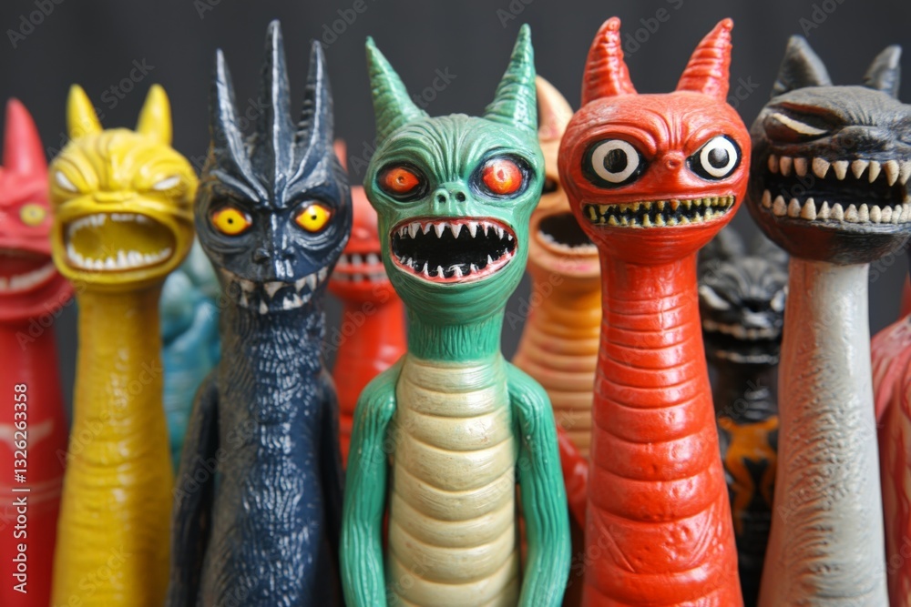 Poster unique collection of colorful monster figurines arranged in a striking display at a toy convention