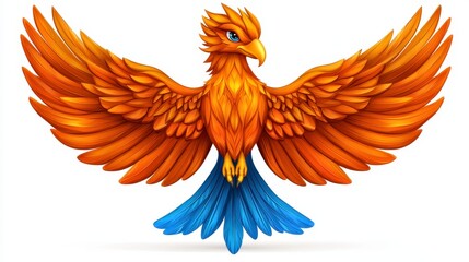 Obraz premium Majestic fiery golden phoenix with its wings spread wide in a decorative style symbolizing rebirth and strength