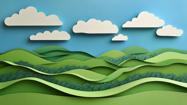 A serene green hills landscape with rolling hills, fluffy clouds, and a bright blue sky, landscape with clouds