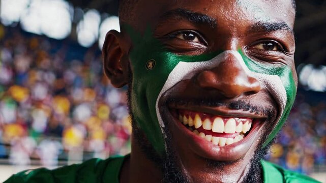 Smiling Nigerian man with face painted in Nigeria national colors at a sports stadium, passionate football supporter  
