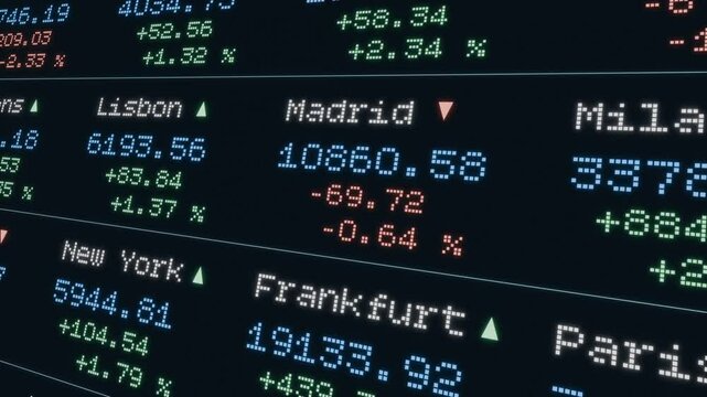 Stock market data, London, New York, Lisbon, Athens, Paris, Milan. Percentage changes, moving up and down. Device screen, business, international  trading information. Concept, 3D animation