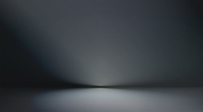 Black studio room. Limbo dark grey spotlight background. Abstract 3d backdrop for product presentation. Minimal wall scene. Showcase, promotion display. Vector stage mockup illustration