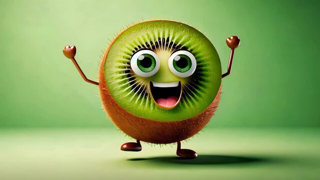 Cartoon style kiwi dancing on green background. Organic food. Healthy food.