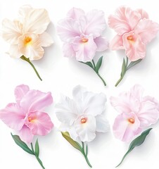 Fototapeta premium Pastel Orchid Blossoms Delicate Floral Arrangement on White Background