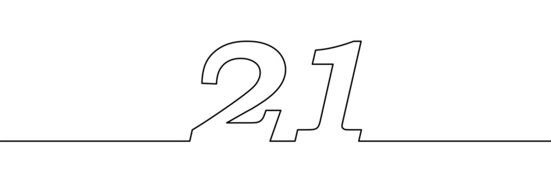 A single line drawing of a twenty one symbol.  One line icon. Continuous line twenty first number icon. Vector illustration.