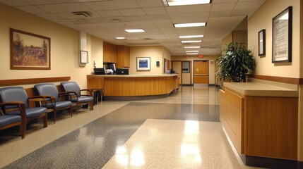 A spacious hospital interior offers a serene environment for patients and visitors. Comfortable seating and soothing colors create a calming waiting area, promoting a sense of tranquility