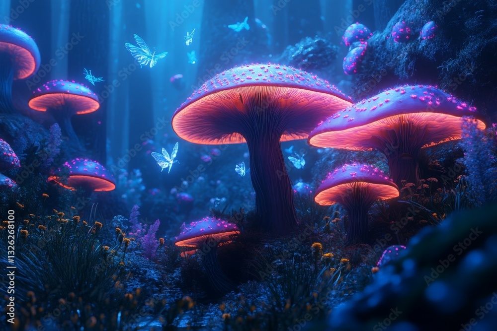 Aufkleber glowing mushrooms and butterflies create a magical forest atmosphere at twilight