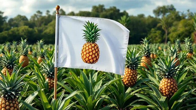 Pineapple Paradise: A vibrant pineapple plantation bursts with ripe, golden fruit, a flag bearing the image of a pineapple flutters in the breeze, celebrating the beauty of agriculture.
