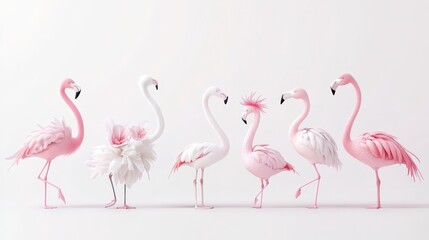 Obraz premium Six Pixelated Flamingos in Pink and White on White Background