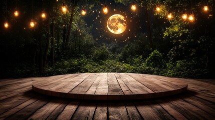 Wooden Stage Platform with Moon and Glowing Lights in Forest Backdrop