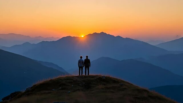 Two people standing on a hilltop watching a stunning sunset over distant mountain ranges.