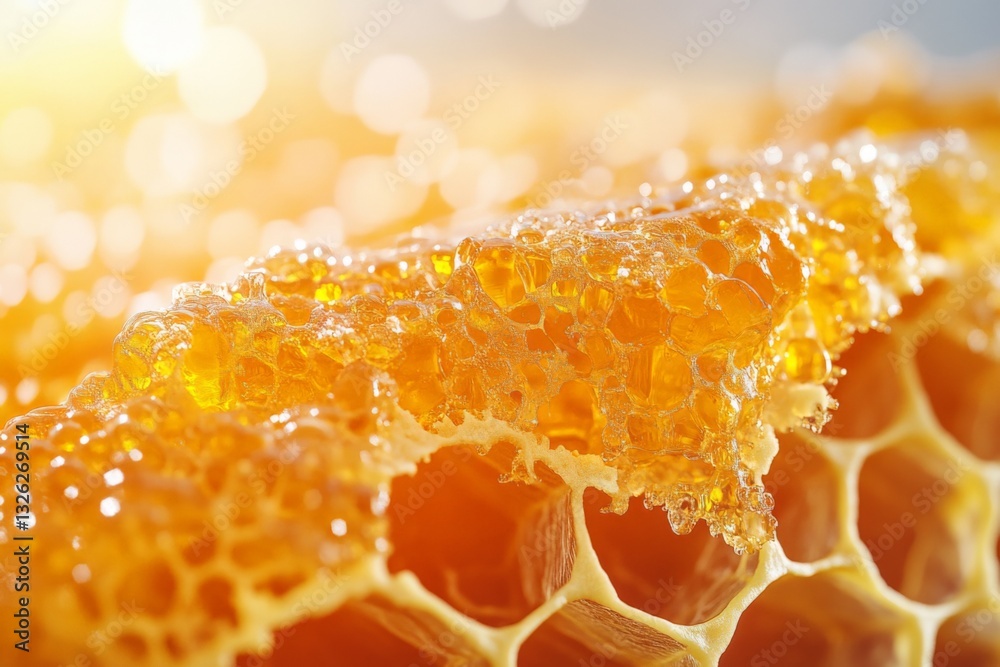 Poster natural honeycomb glistening in sunlight with vibrant yellow hues and intricate cellular patterns vi