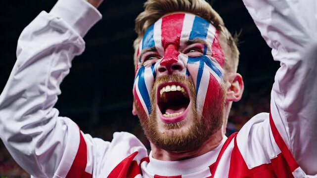 Excited Norwegian man with face painted in Norway national colors at a sports stadium, passionate football supporter cheering  
