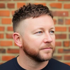 Obraz premium Thoughtful Man with a Textured Hairstyle and Trimmed Beard Against Brick Wall Backdrop Portrait