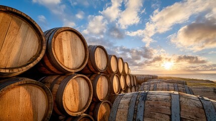 Obraz premium Whisky barrels stacked in scenic landscape at sunset for beverage industry concepts