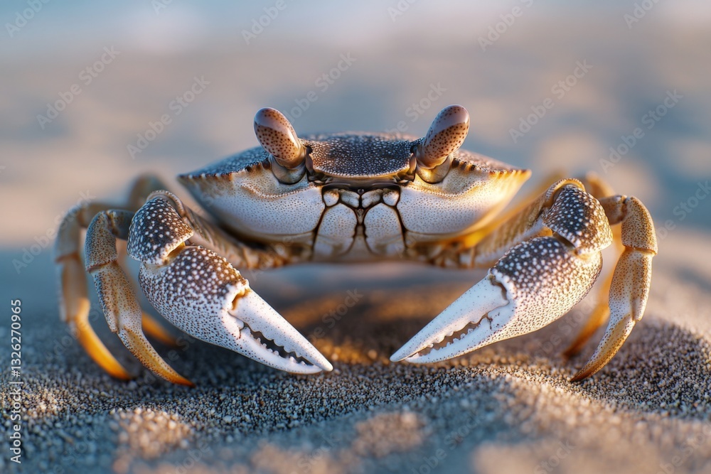 Poster crab resting on sandy beach during sunset, showcasing intricate details of its claws and shell color