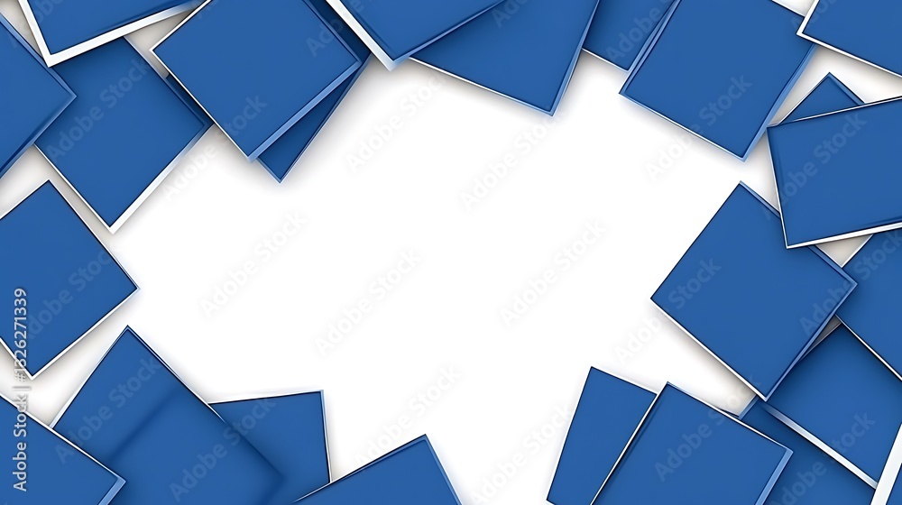 Poster scattered cobalt square tiles creating a border around a blank canvas