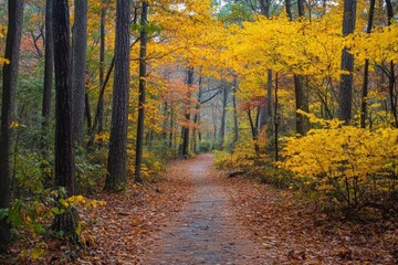 Obraz premium Vibrant autumn foliage along a tranquil forest trail surrounded by colorful trees in the early morning light