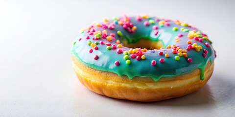 Colorful glazed donut on a white background with intricate glaze details and soft focus effect, bakery