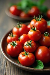 Plump, juicy red tomatoes overflowing a rustic plate , ingredient, photography, macro