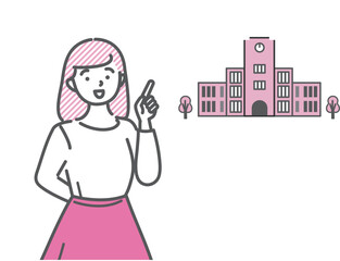 若い女子大学生が指差しで大学について説明するイラスト素材