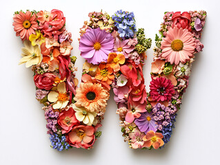 letter W made out of a variety of colorful flowers arranged in a rainbow-like pattern. The flowers include shades of red, orange, yellow, white, blue, and purple