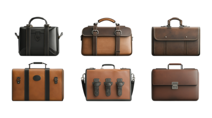 Briefcase Set in Different Poses on Transparent Background for Business Illustration, Office Concept, or Corporate Design