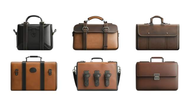 Briefcase Set in Different Poses on Transparent Background for Business Illustration, Office Concept, or Corporate Design