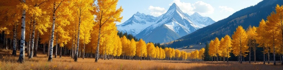 Fototapeta premium Quaking aspen grove, snow-capped mountains backdrop , grove, panoramic, Colorado