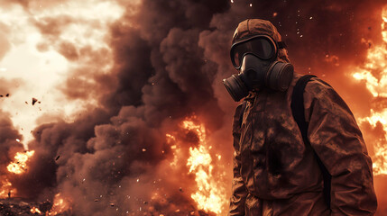 Man in protective suit and gas mask against apocalypse background