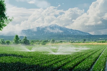 Sprinkler Irrigation in a Field with Mountain Background