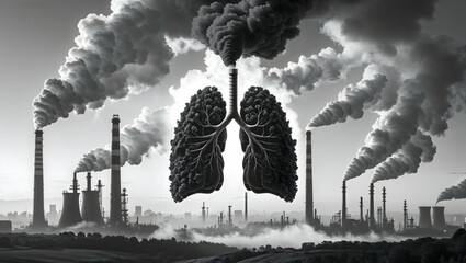 Industrial chimneys emitting thick smoke resembling human lungs over a polluted urban landscape, symbolizing the impact of pollution on health