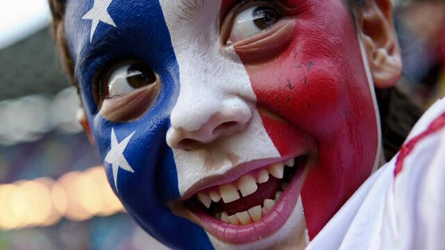 Excited Paraguayan child with face painted in Paraguay national colors at a sports stadium, joyful football supporter cheering  
