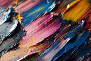 Obraz premium Close-up of colorful paint brushstrokes on canvas. AI generated
