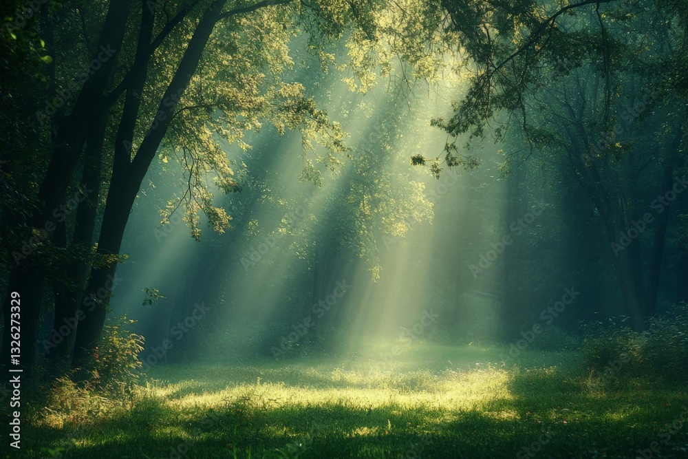 Poster Sunlight filters through trees in a serene forest setting during early morning hours