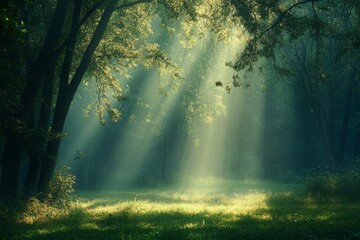 Obraz premium Sunlight filters through trees in a serene forest setting during early morning hours