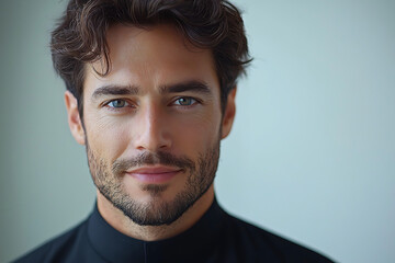 Obraz premium Handsome man with dark wavy hair and stubble looking at the viewer with a slight smile against a plain background.