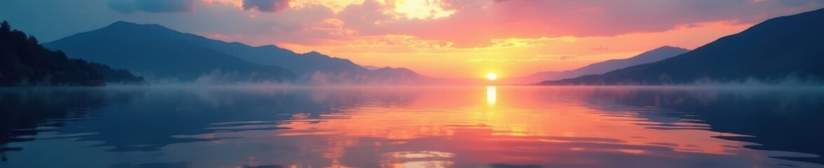 Fototapeta premium Rippled lake surface mirroring sunset, mountains hazy, ripples, clouds, wilderness