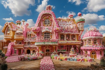 Obraz premium Gingerbread house decorated with colorful sweets under a bright blue sky with fluffy clouds