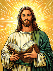 Obraz premium A portrait of a man with long hair and a beard holding an open book with a radiant golden aura.