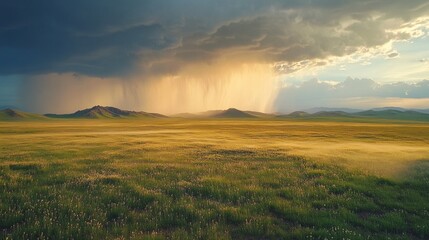 Fototapeta premium Dark clouds loom over a high mountain plateau, pouring heavy rain as sunlight breaks through, illuminating the vibrant landscape below. Nature's drama unfolds in this breathtaking moment