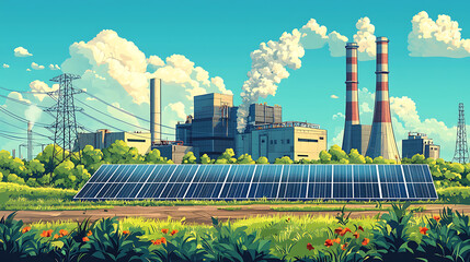 Solar panels stand before a power plant with smoke stacks under a vibrant blue sky.