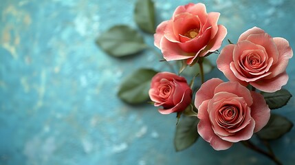 Peach Roses on Teal Background.