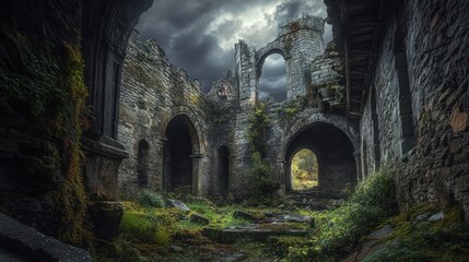 Obraz premium Ancient Stone Ruins Overgrown with Vegetation Under a Dramatic Sky