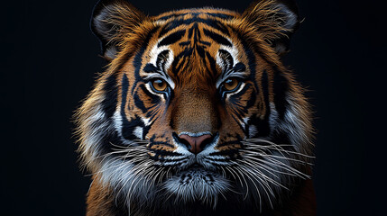 Fototapeta premium Striking portrait of a tiger showcasing its intense gaze rich colors and detailed fur against a stark black backdrop.
