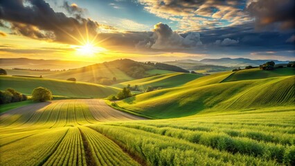 Fototapeta premium Golden light illuminates green fields with growing crops amidst rolling hills under a serene sunrise sky , Countryside, Greenery